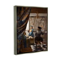 Ступел индустрии алегория на живописта Йоханес Вермеер класически портрет живопис блясък сива плаваща рамка платно печат стена изкуство, дизайн от един1000пейнтин?