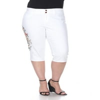 Жените Плюс размер бели бродирани дънки Капри