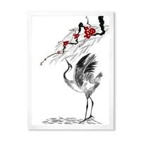 Дизайнарт 'Червени Цветя С Японски Жерави Птица Рисунка' Традиционна Рамка Арт Принт