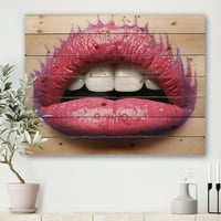 Дизайнарт 'красиви женски устни с розово червило' Модерен принт върху естествена борова дървесина