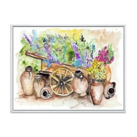 Дизайнарт 'Лавандулови Цветя Върху Древна Количка Илюстрация' Традиционна Рамка Платно Стена Арт Принт