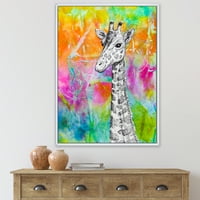Монохромен Жираф Рисуване Върху Ярка Дъга В Рамка Живопис Платно Изкуство Печат