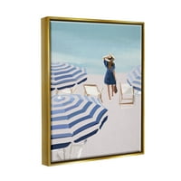 Ступел индустрии жена наслаждавайки Плаж Бряг Чадъри крайбрежна сцена графично изкуство металик злато плаваща рамка платно печат стена изкуство, дизайн от Амелия