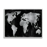 Ступел Закален Черен Световната Карта Пътуване И Места Живопис Сива Рамка Изкуство Печат Стена Изкуство