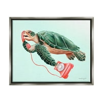 Ступел индустрии Зелена морска костенурка плуване Червен ротационен телефон Графичен Арт блясък сив плаваща
